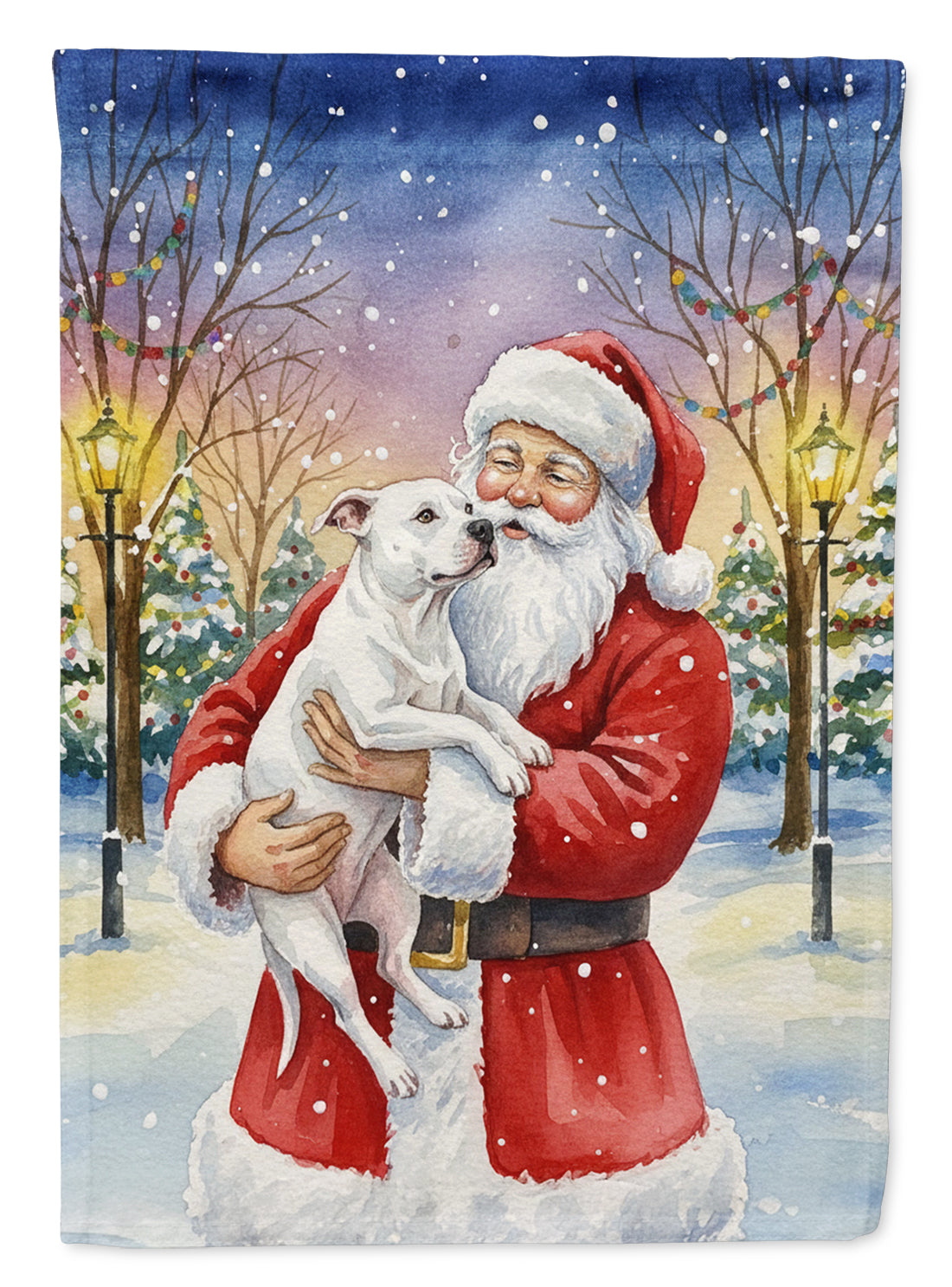 White Pit Bull Terrier with Santa Claus House Flag 28x40 Porch Sleeve Pole Decorative Outside Yard Banner Artwork Wall Hanging, Polyester