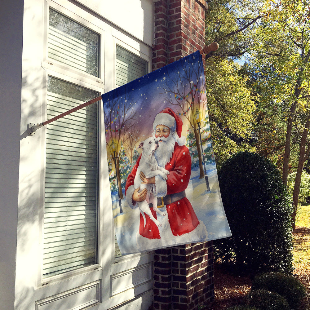 White Pit Bull Terrier with Santa Claus House Flag 28x40 Porch Sleeve Pole Decorative Outside Yard Banner Artwork Wall Hanging, Polyester