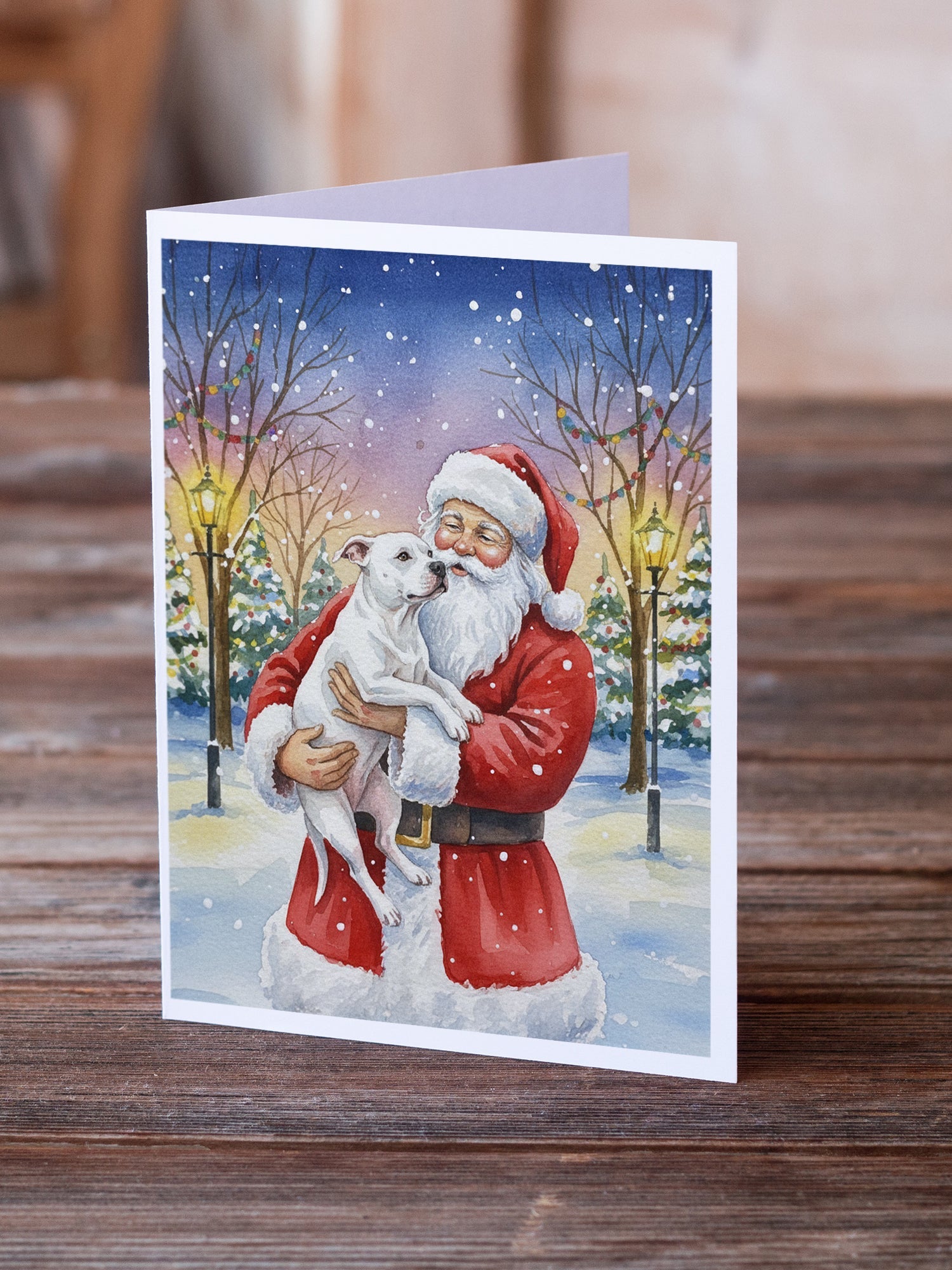 White Pit Bull Terrier with Santa Claus Greeting Cards Pack of 8 Blank Cards with Envelopes Whimsical A7 Size 5x7