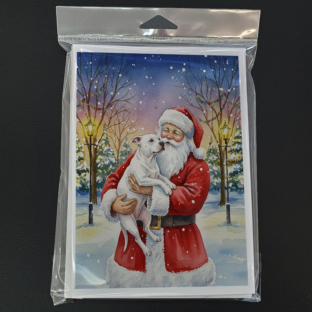 White Pit Bull Terrier with Santa Claus Greeting Cards Pack of 8 Blank Cards with Envelopes Whimsical A7 Size 5x7