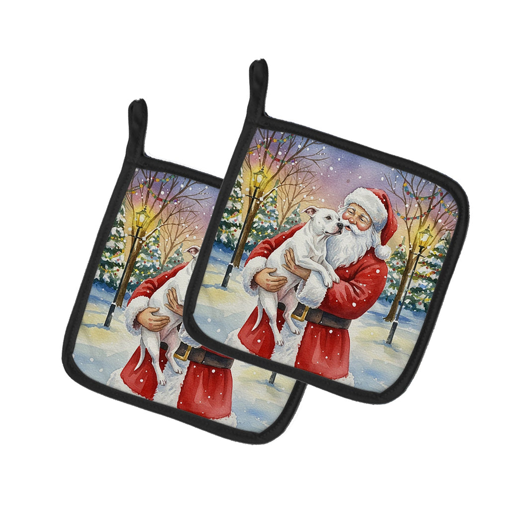 White Pit Bull Terrier with Santa Claus Pot Holder Set of 2 Heat Resistant Quilted Hot Pads 7.5 x 7.5 Inch, Insulated Kitchen Trivets for Cooking & Baking