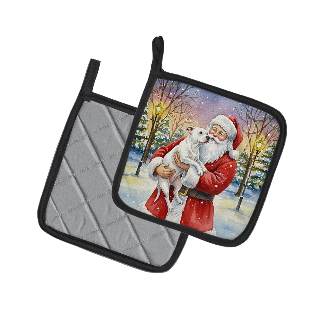 White Pit Bull Terrier with Santa Claus Pot Holder Set of 2 Heat Resistant Quilted Hot Pads 7.5 x 7.5 Inch, Insulated Kitchen Trivets for Cooking & Baking