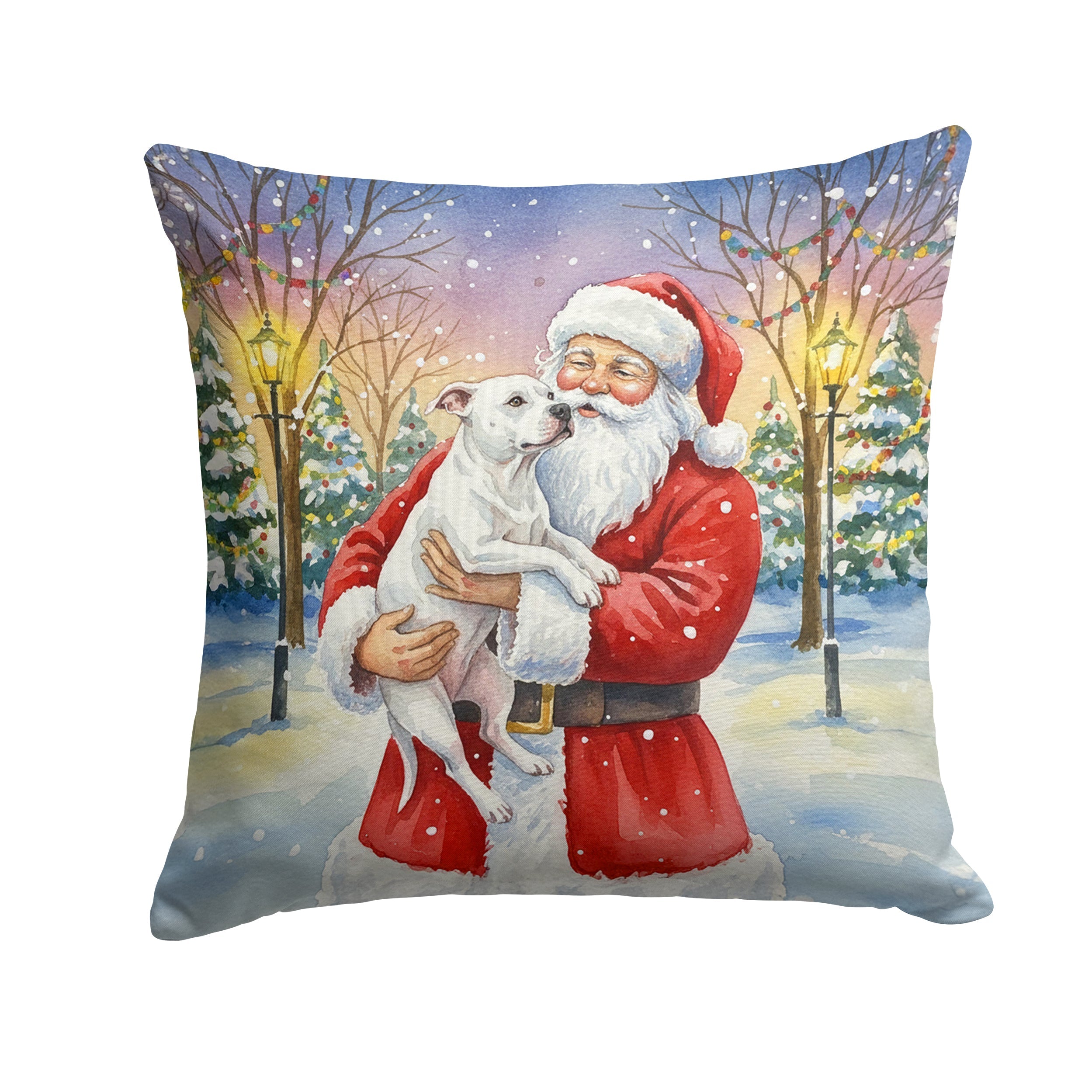 White Pit Bull Terrier with Santa Claus Decorative Throw Pillow 14x14 Indoor Outdoor Accent Cushion, Fabric Cover with Insert for Sofa, Bed, Porch & Living Room
