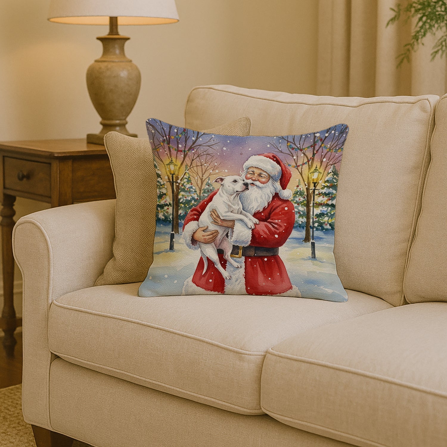 White Pit Bull Terrier with Santa Claus Decorative Throw Pillow 14x14 Indoor Outdoor Accent Cushion, Fabric Cover with Insert for Sofa, Bed, Porch & Living Room