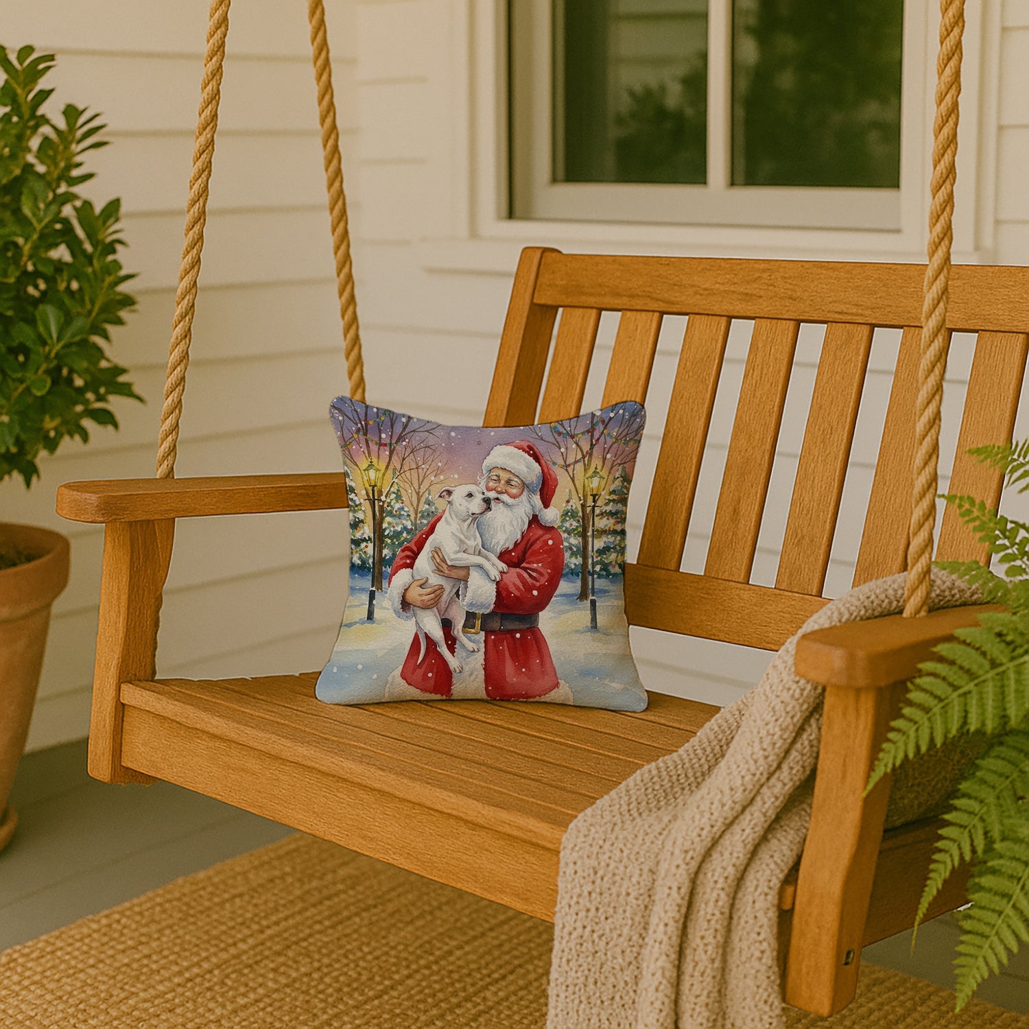 White Pit Bull Terrier with Santa Claus Decorative Throw Pillow 14x14 Indoor Outdoor Accent Cushion, Fabric Cover with Insert for Sofa, Bed, Porch & Living Room