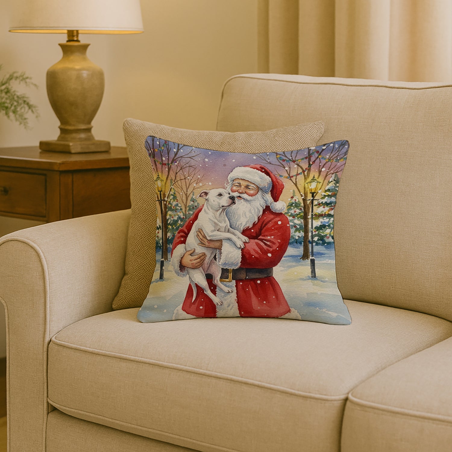 White Pit Bull Terrier with Santa Claus Decorative Throw Pillow 18x18 Indoor Outdoor Accent Cushion, Fabric Cover with Insert for Sofa, Bed, Porch & Living Room
