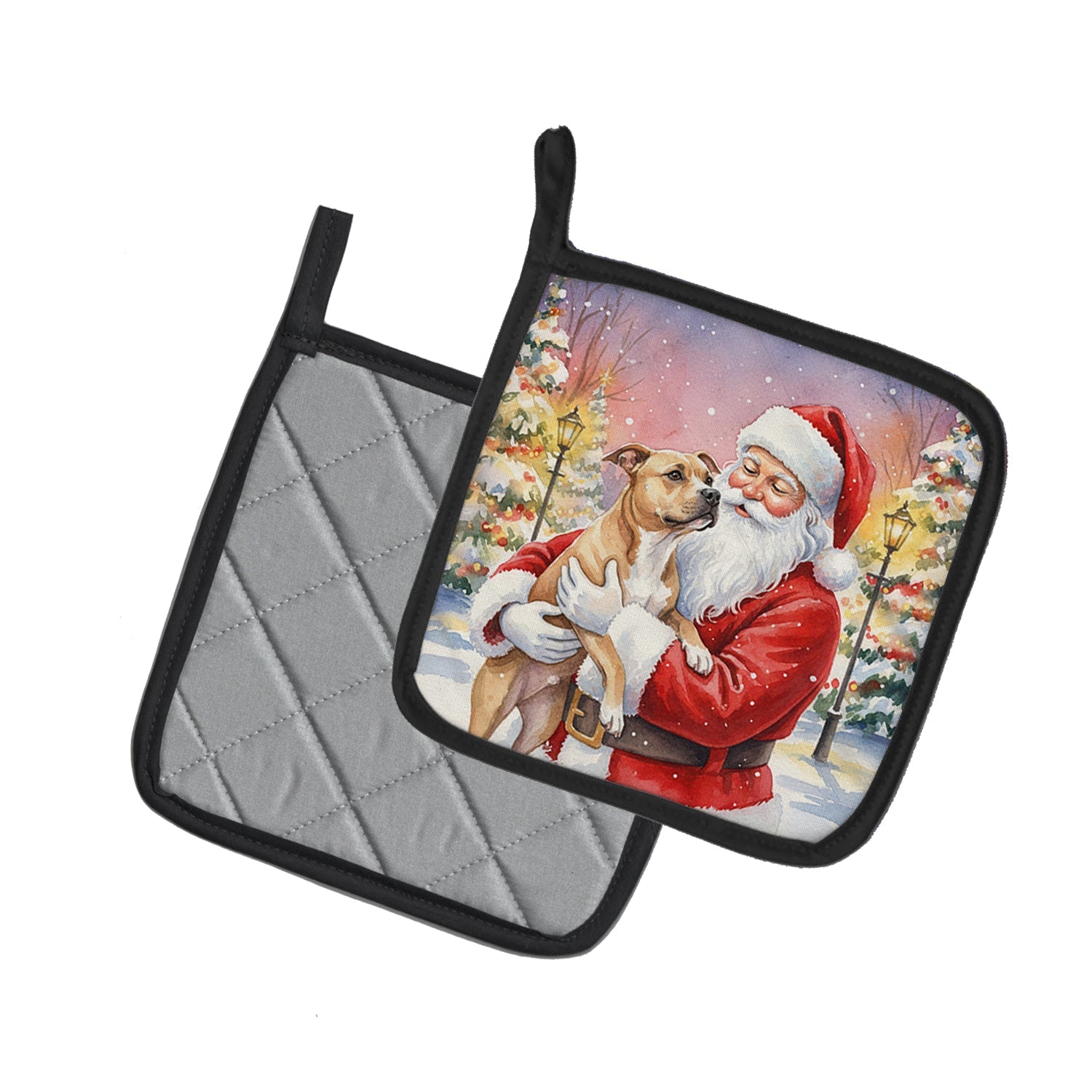 Pit Bull Terrier with Santa Claus Pot Holder Set of 2 Heat Resistant Quilted Hot Pads 7.5 x 7.5 Inch, Insulated Kitchen Trivets for Cooking & Baking