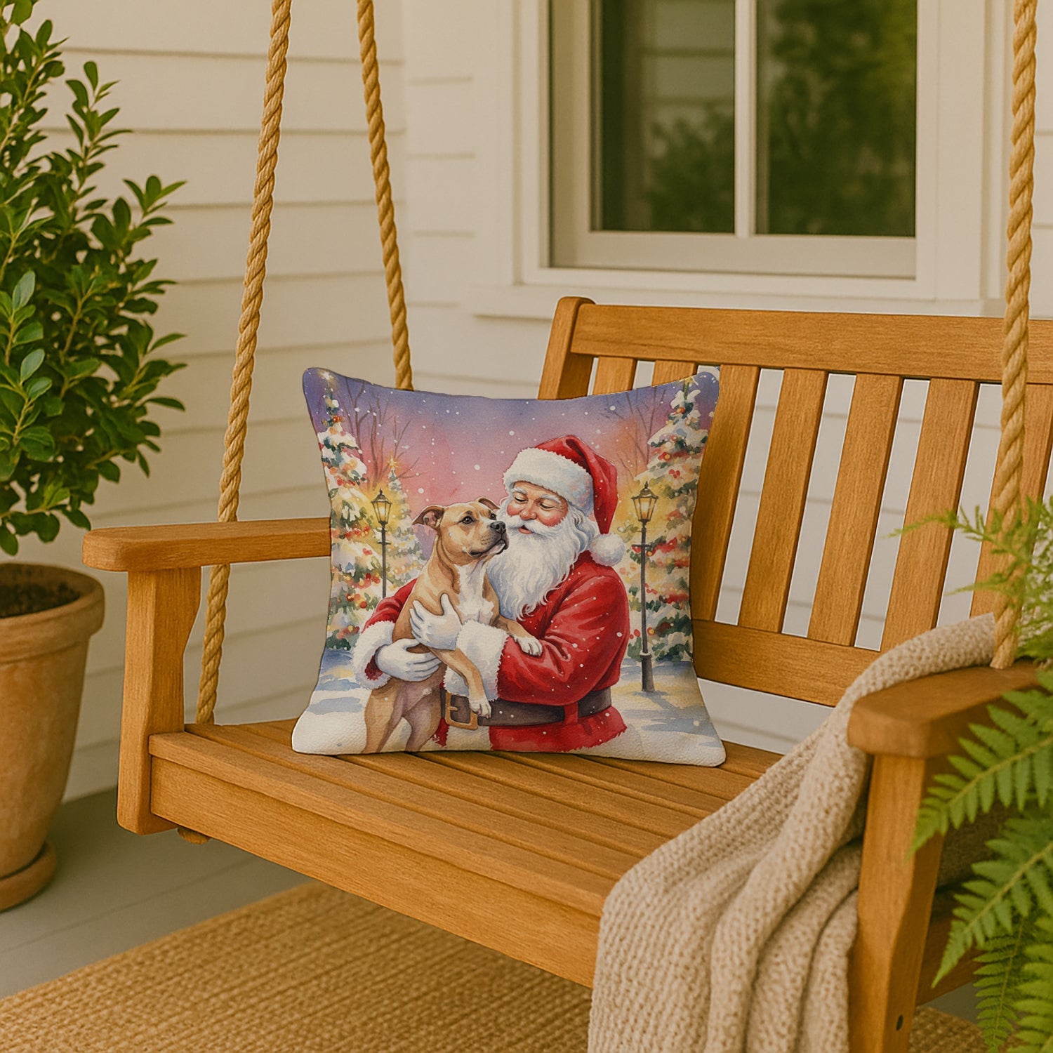 Pit Bull Terrier with Santa Claus Decorative Throw Pillow 18x18 Indoor Outdoor Accent Cushion, Fabric Cover with Insert for Sofa, Bed, Porch & Living Room