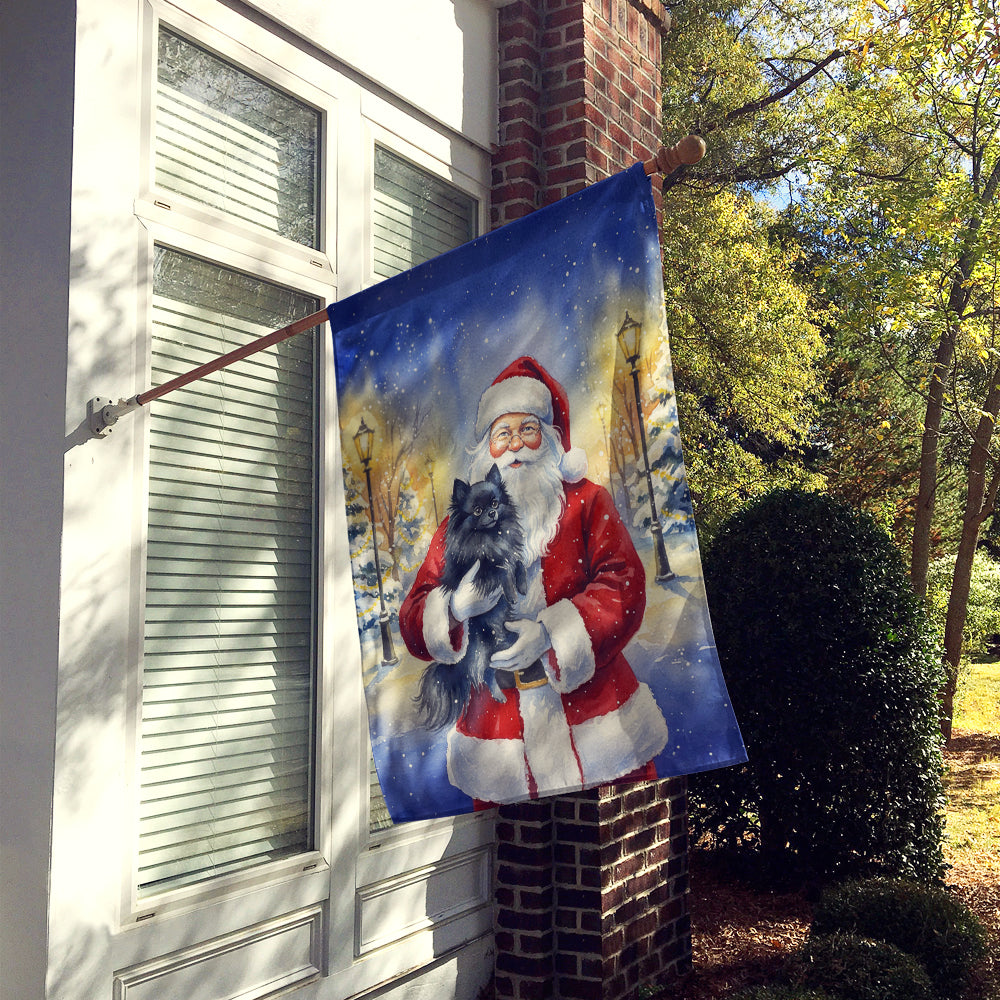 Black Pomeranian with Santa Claus House Flag 28x40 Porch Sleeve Pole Decorative Outside Yard Banner Artwork Wall Hanging, Polyester