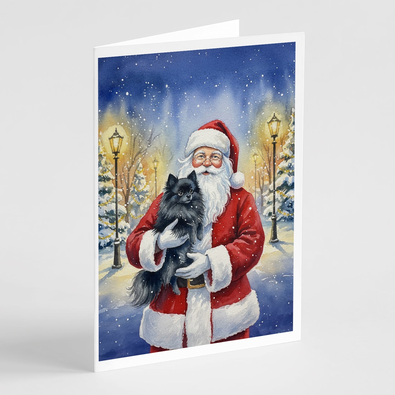 Black Pomeranian with Santa Claus Greeting Cards Pack of 8 Blank Cards with Envelopes Whimsical A7 Size 5x7