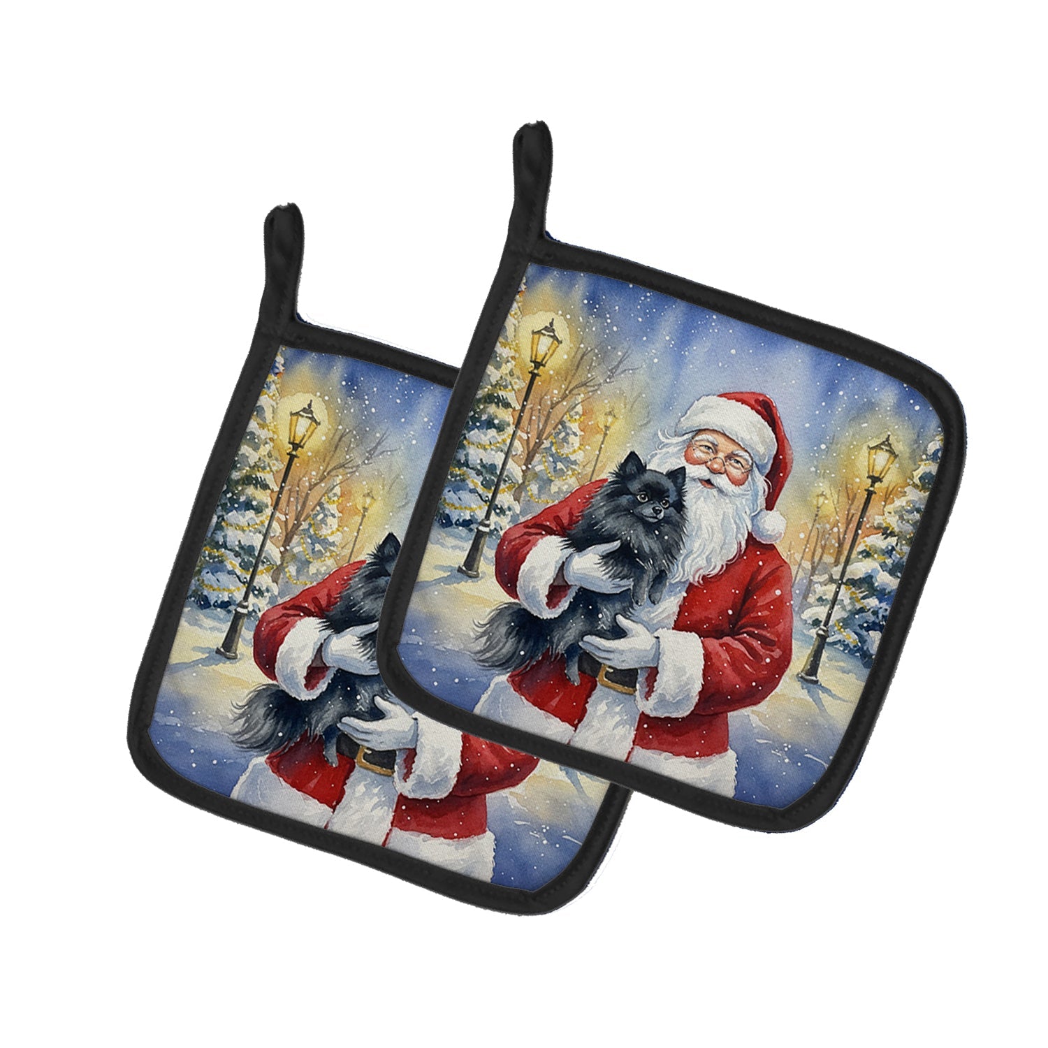 Black Pomeranian with Santa Claus Pot Holder Set of 2 Heat Resistant Quilted Hot Pads 7.5 x 7.5 Inch, Insulated Kitchen Trivets for Cooking & Baking