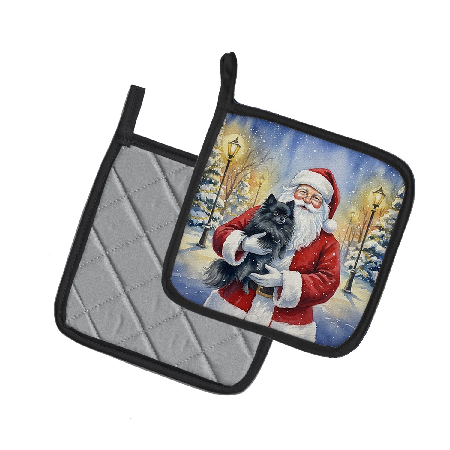 Black Pomeranian with Santa Claus Pot Holder Set of 2 Heat Resistant Quilted Hot Pads 7.5 x 7.5 Inch, Insulated Kitchen Trivets for Cooking & Baking