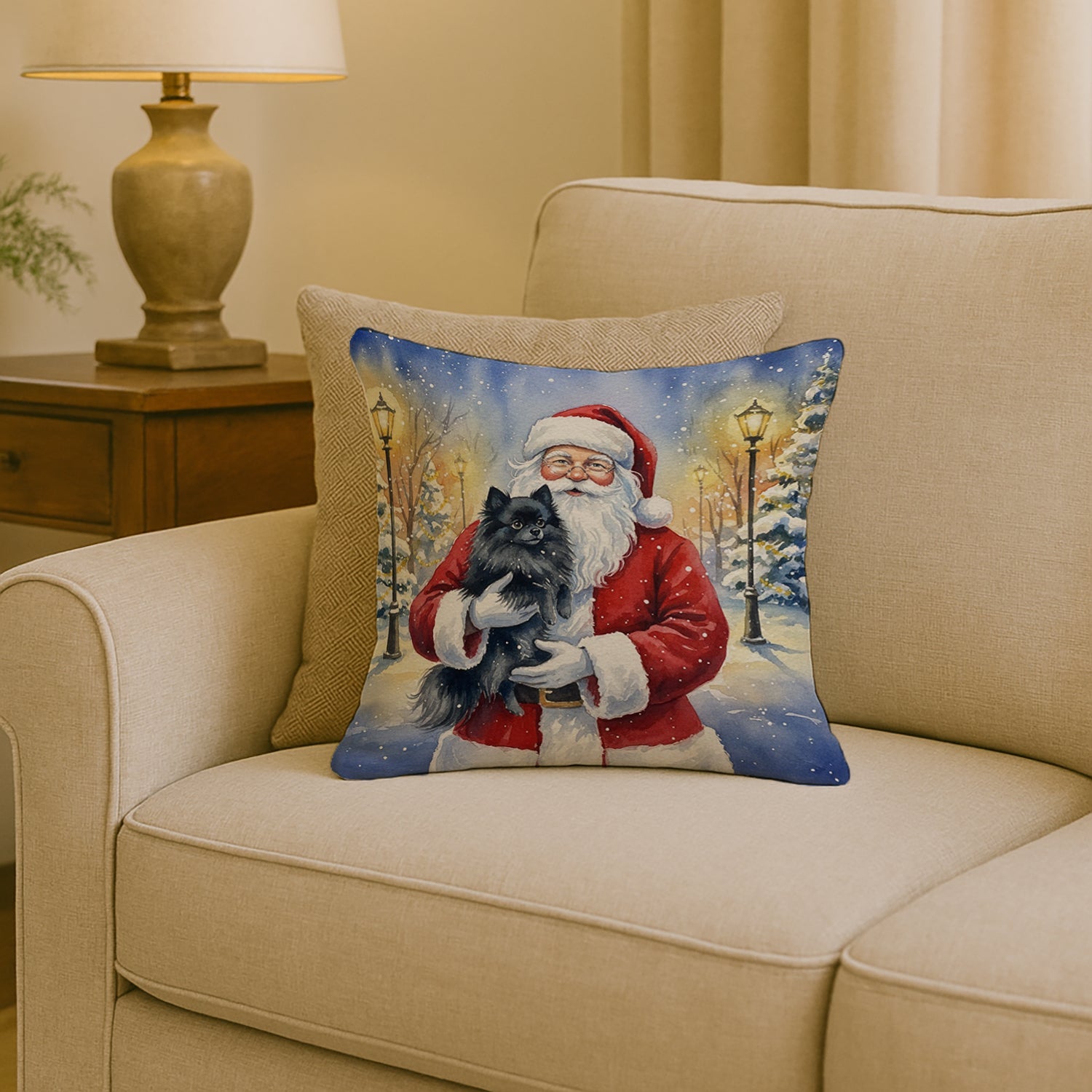 Black Pomeranian with Santa Claus Decorative Throw Pillow 18x18 Indoor Outdoor Accent Cushion, Fabric Cover with Insert for Sofa, Bed, Porch & Living Room