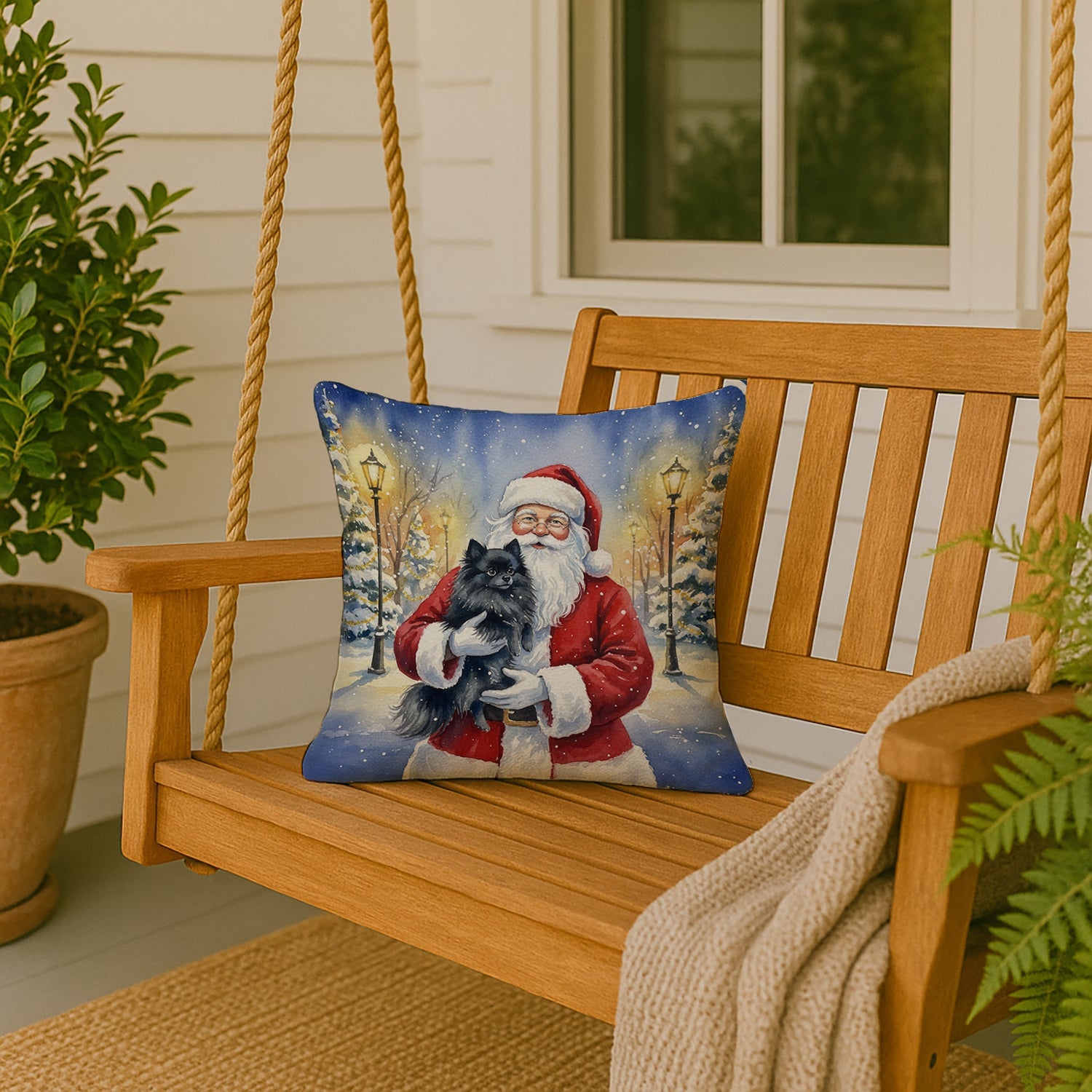 Black Pomeranian with Santa Claus Decorative Throw Pillow 18x18 Indoor Outdoor Accent Cushion, Fabric Cover with Insert for Sofa, Bed, Porch & Living Room