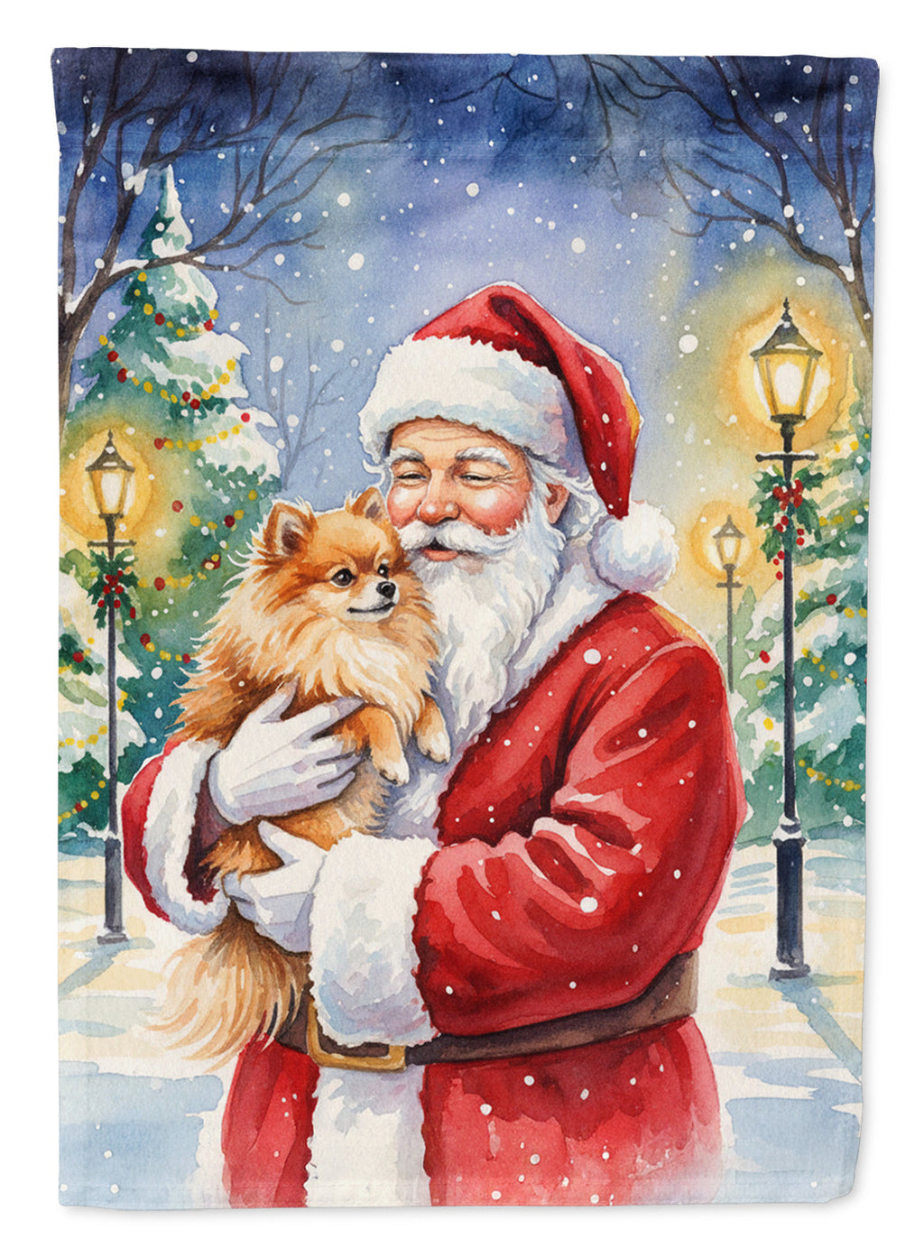 Pomeranian with Santa Claus House Flag 28x40 Porch Sleeve Pole Decorative Outside Yard Banner Artwork Wall Hanging, Polyester