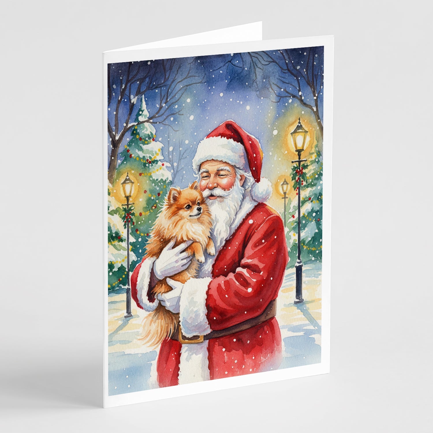 Pomeranian with Santa Claus Greeting Cards Pack of 8 Blank Cards with Envelopes Whimsical A7 Size 5x7