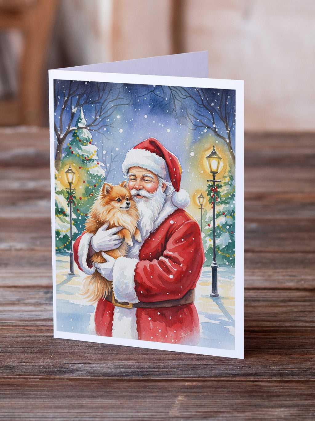 Pomeranian with Santa Claus Greeting Cards Pack of 8 Blank Cards with Envelopes Whimsical A7 Size 5x7