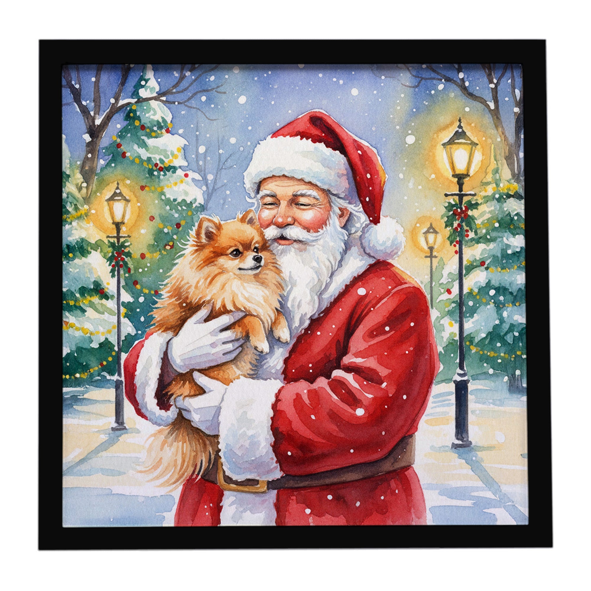 Pomeranian with Santa Claus Framed Metal Print Bathroom, Kitchen, Office, Home Decor Wall Art Ready to Hang, Square, 8X8