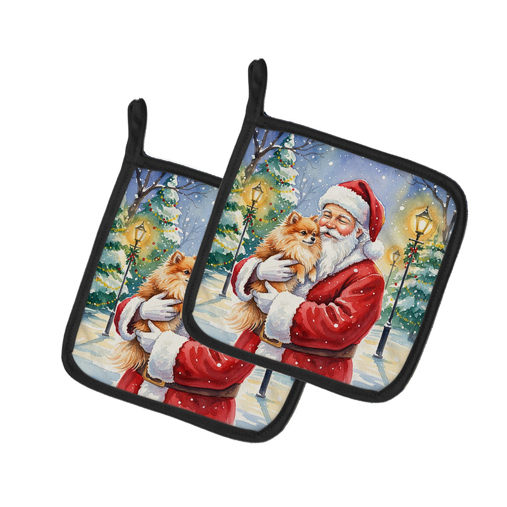 Pomeranian with Santa Claus Pot Holder Set of 2 Heat Resistant Quilted Hot Pads 7.5 x 7.5 Inch, Insulated Kitchen Trivets for Cooking & Baking