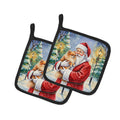 Pomeranian with Santa Claus Pot Holder Set of 2 Heat Resistant Quilted Hot Pads 7.5 x 7.5 Inch, Insulated Kitchen Trivets for Cooking & Baking