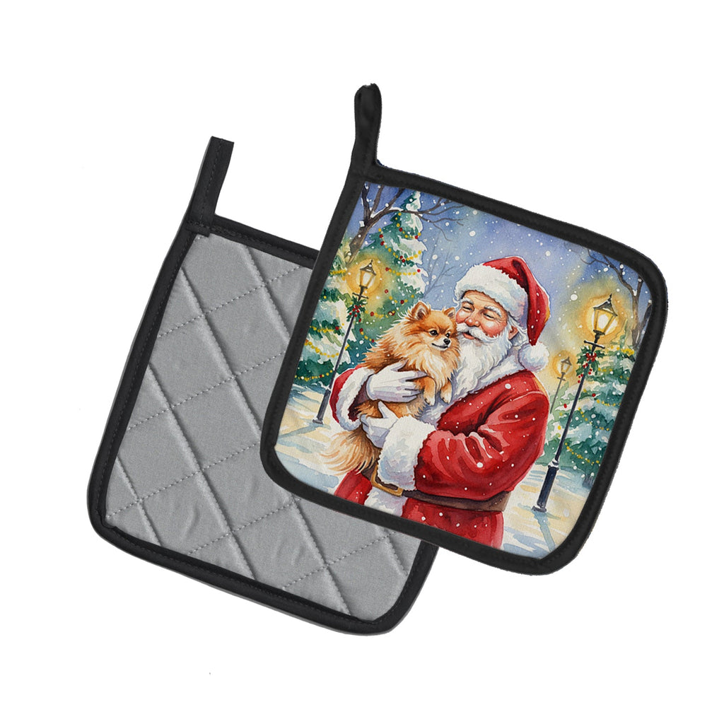 Pomeranian with Santa Claus Pot Holder Set of 2 Heat Resistant Quilted Hot Pads 7.5 x 7.5 Inch, Insulated Kitchen Trivets for Cooking & Baking