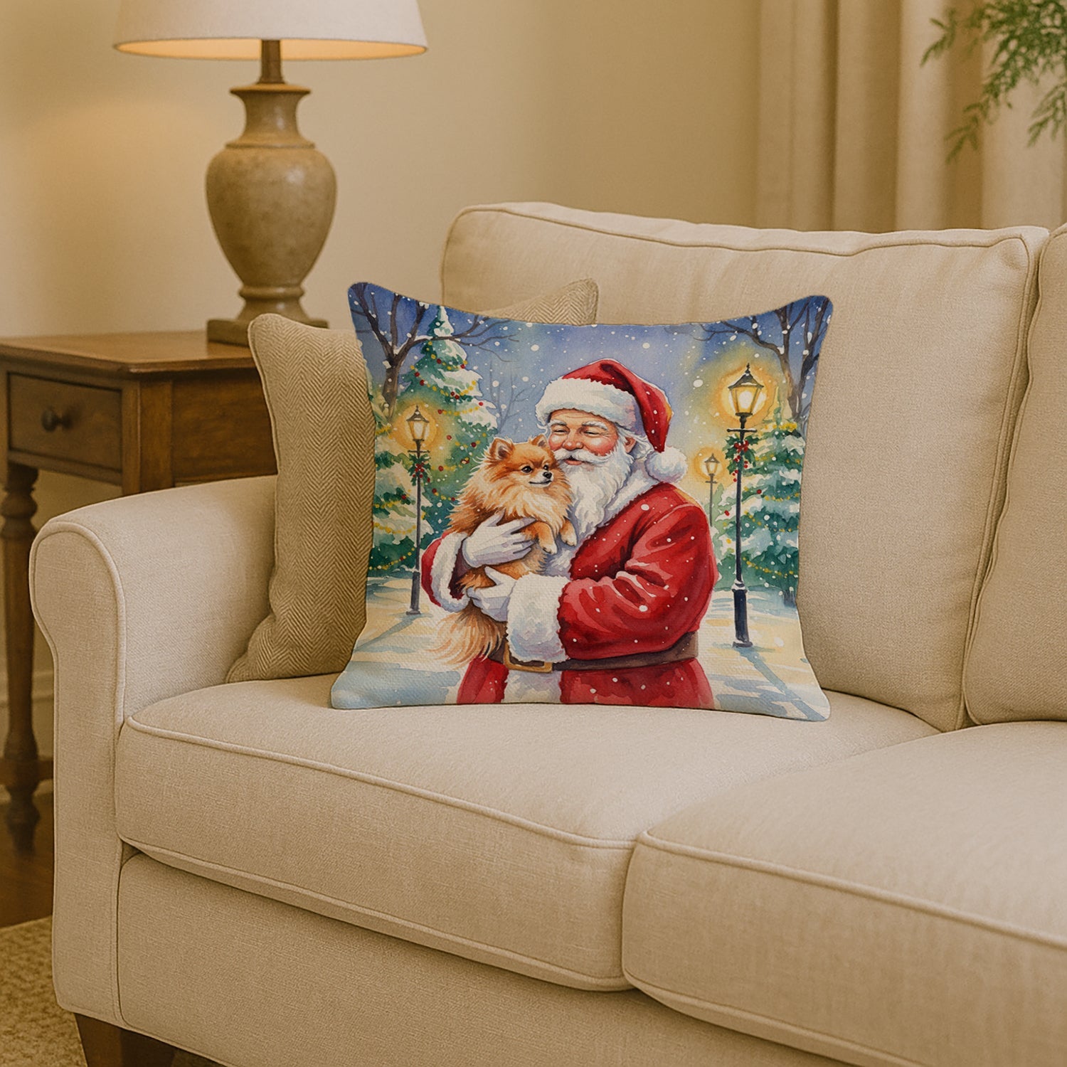 Pomeranian with Santa Claus Decorative Throw Pillow 14x14 Indoor Outdoor Accent Cushion, Fabric Cover with Insert for Sofa, Bed, Porch & Living Room