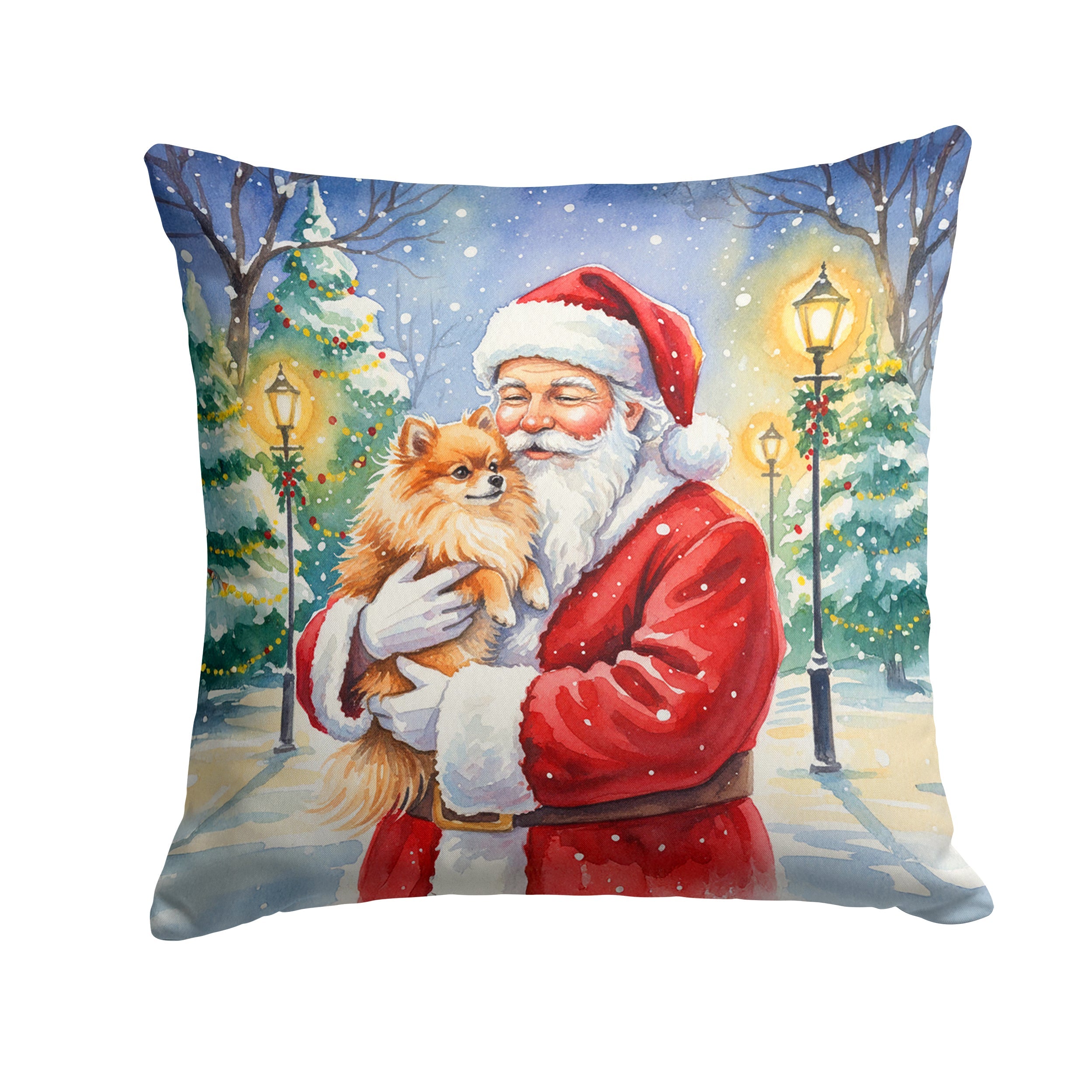 Pomeranian with Santa Claus Decorative Throw Pillow 18x18 Indoor Outdoor Accent Cushion, Fabric Cover with Insert for Sofa, Bed, Porch & Living Room