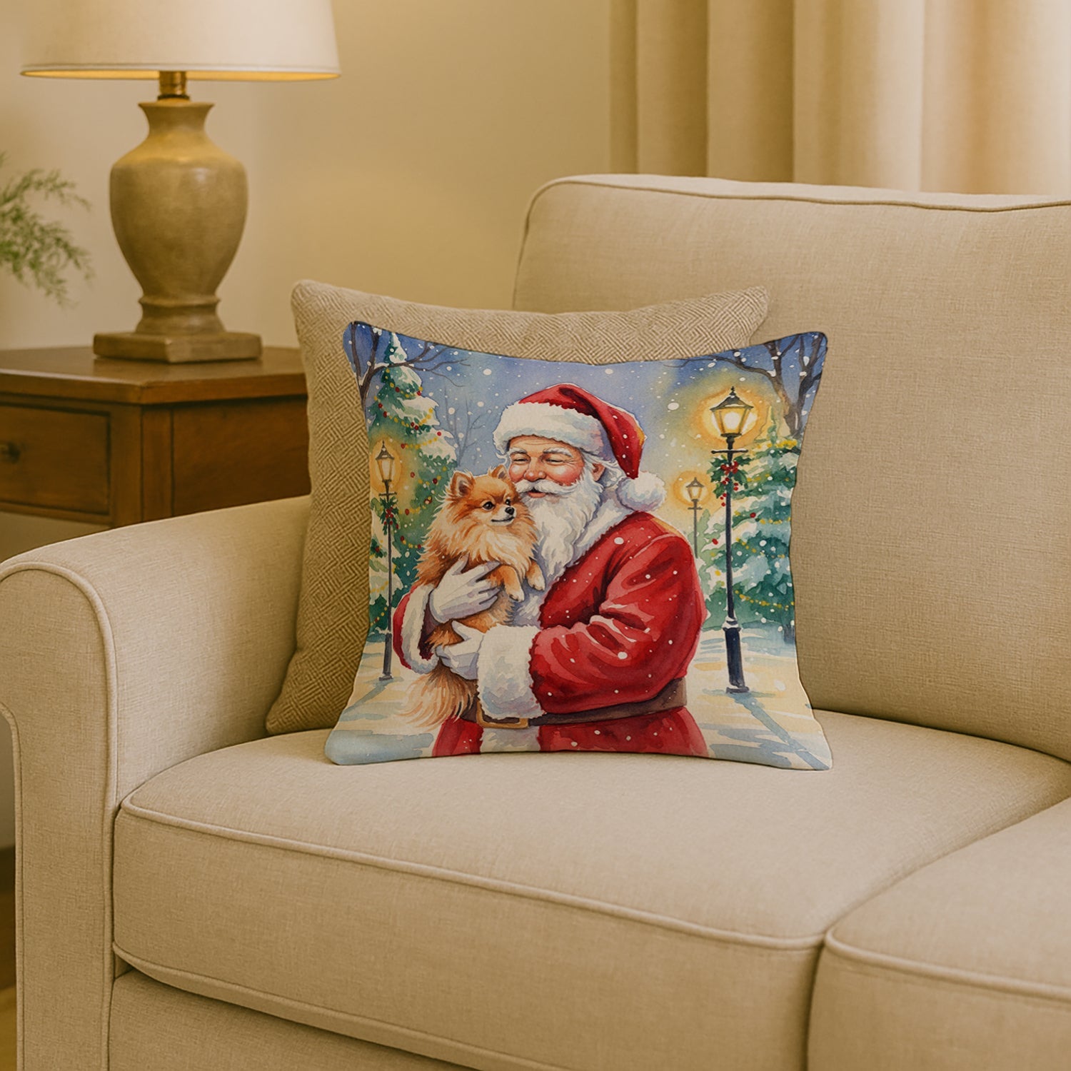 Pomeranian with Santa Claus Decorative Throw Pillow 18x18 Indoor Outdoor Accent Cushion, Fabric Cover with Insert for Sofa, Bed, Porch & Living Room