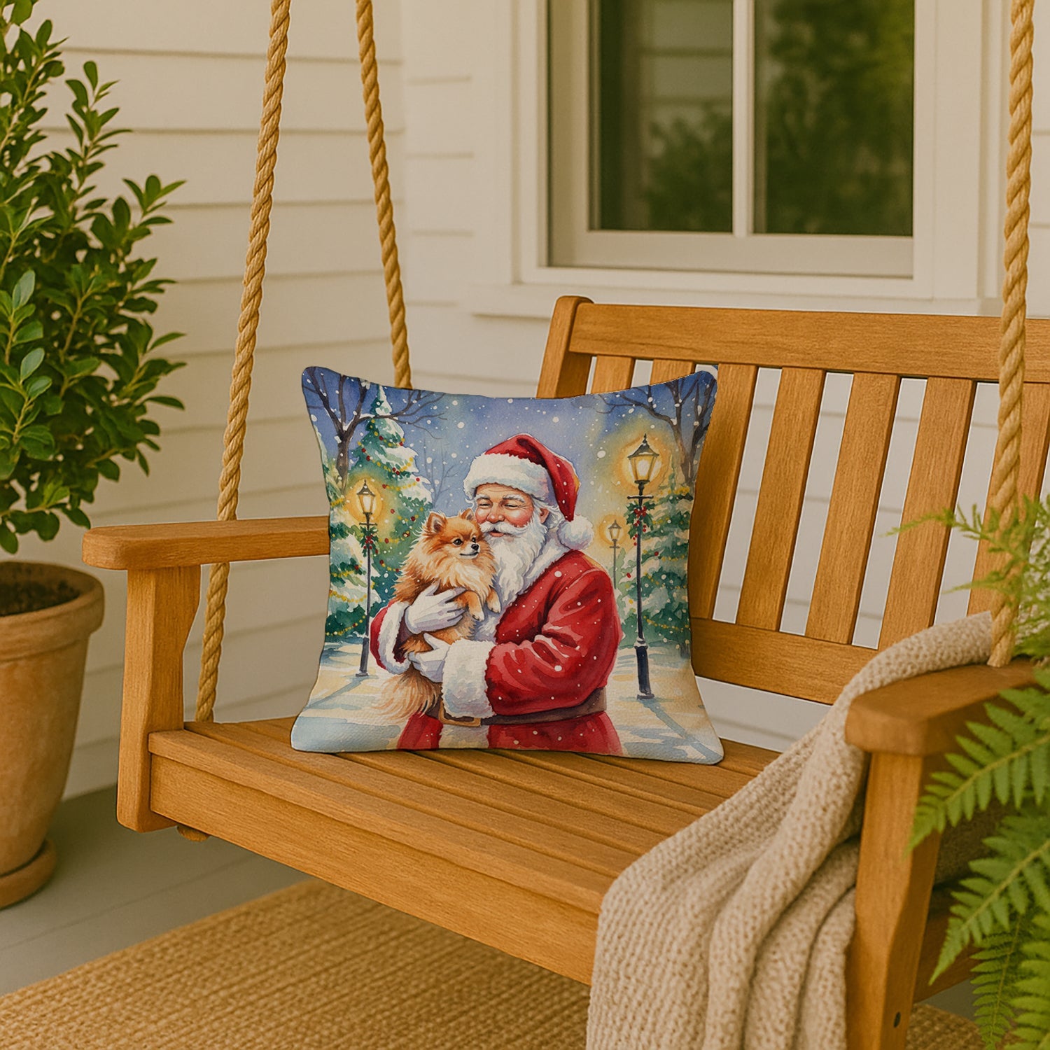 Pomeranian with Santa Claus Decorative Throw Pillow 18x18 Indoor Outdoor Accent Cushion, Fabric Cover with Insert for Sofa, Bed, Porch & Living Room