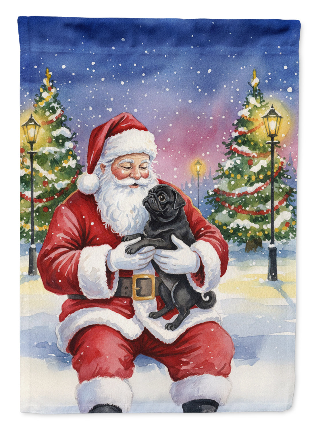 Black Pug with Santa Claus House Flag 28x40 Porch Sleeve Pole Decorative Outside Yard Banner Artwork Wall Hanging, Polyester