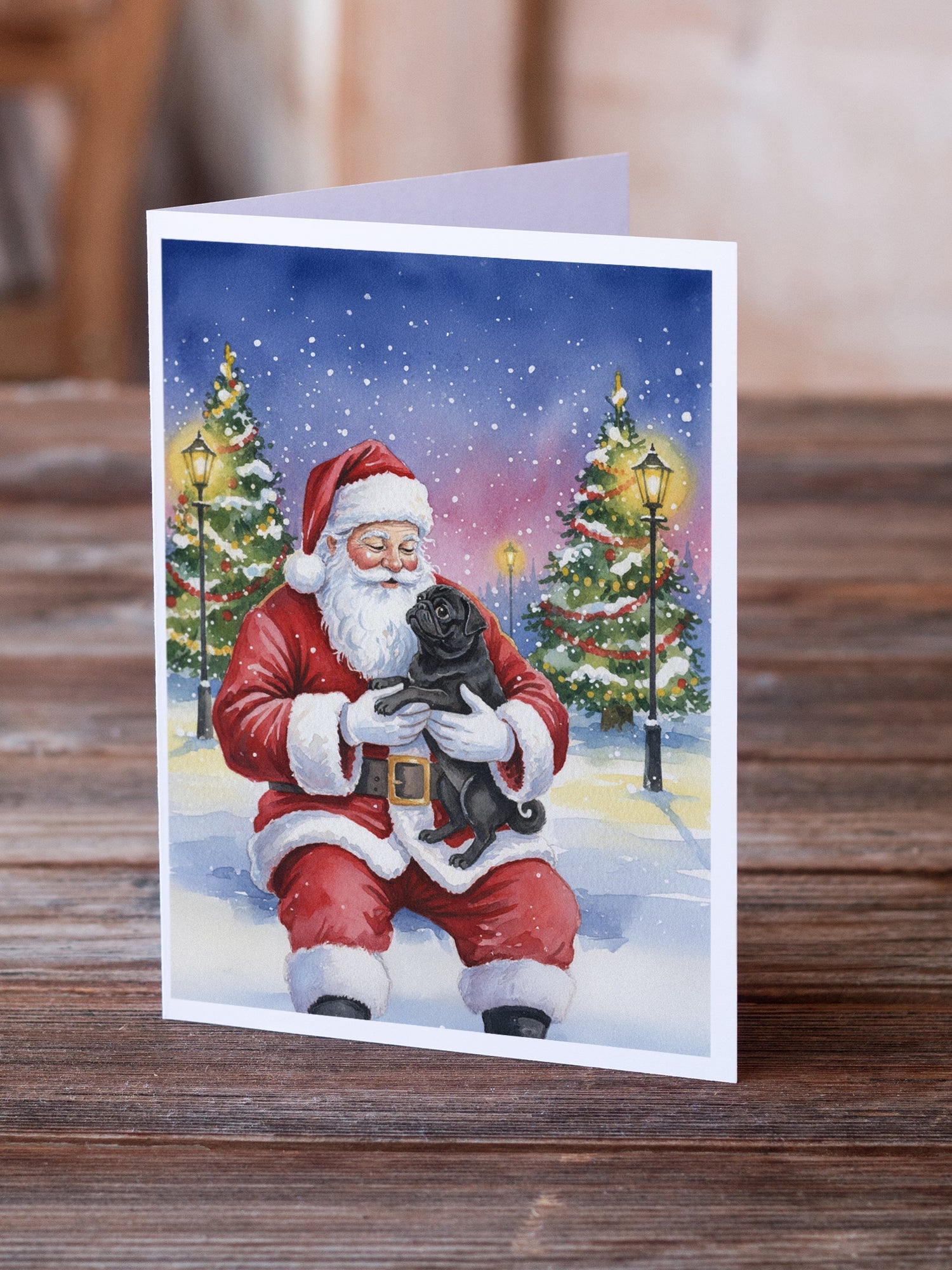Black Pug with Santa Claus Greeting Cards Pack of 8 Blank Cards with Envelopes Whimsical A7 Size 5x7