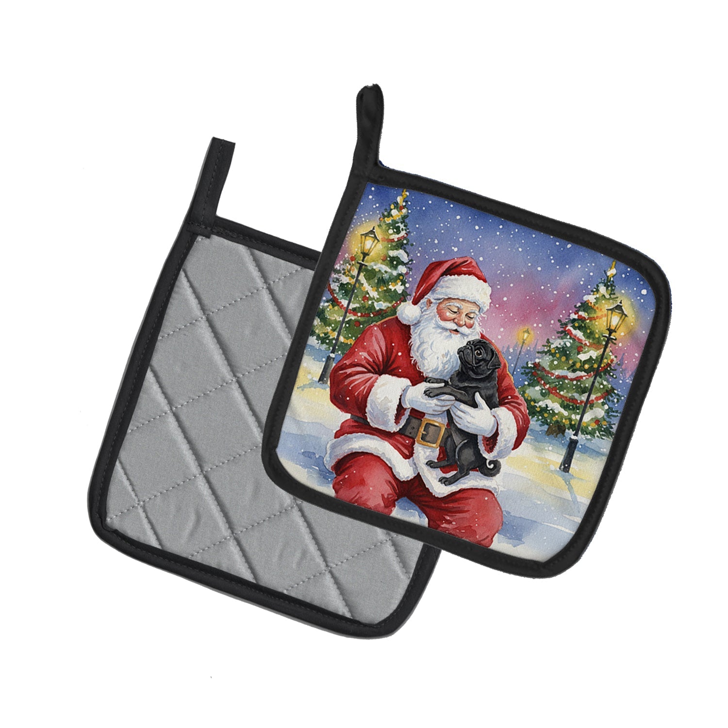 Black Pug with Santa Claus Pot Holder Set of 2 Heat Resistant Quilted Hot Pads 7.5 x 7.5 Inch, Insulated Kitchen Trivets for Cooking & Baking