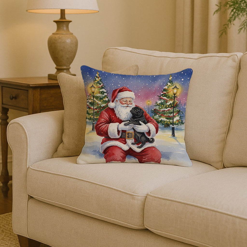 Black Pug with Santa Claus Decorative Throw Pillow 14x14 Indoor Outdoor Accent Cushion, Fabric Cover with Insert for Sofa, Bed, Porch & Living Room