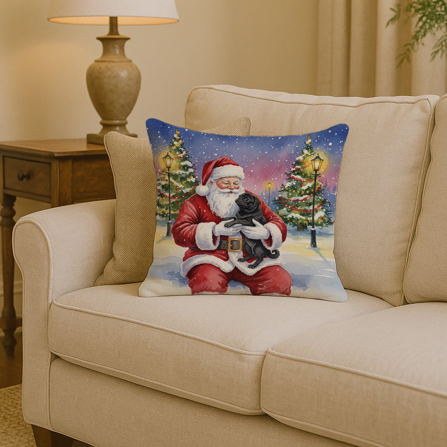 Black Pug with Santa Claus Decorative Throw Pillow 14x14 Indoor Outdoor Accent Cushion, Fabric Cover with Insert for Sofa, Bed, Porch & Living Room