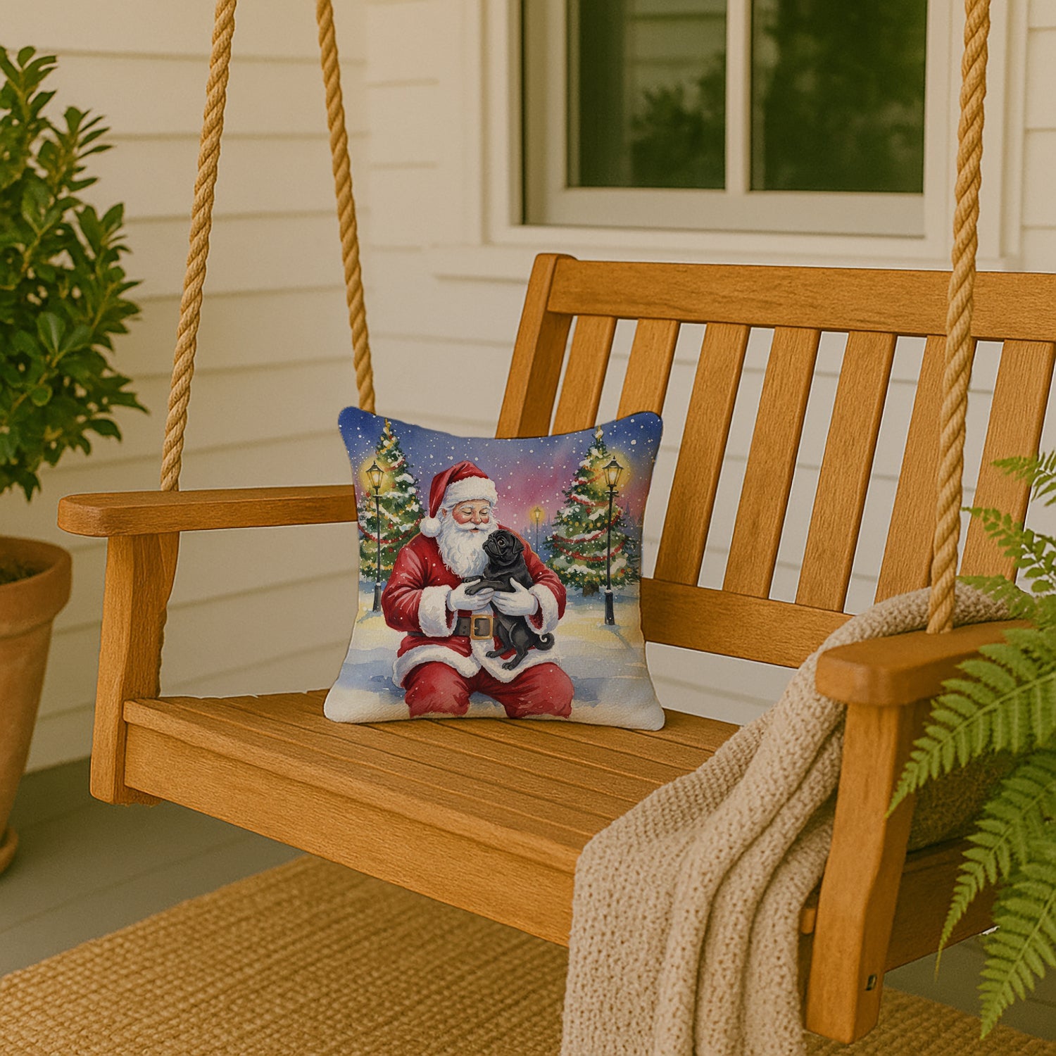 Black Pug with Santa Claus Decorative Throw Pillow 14x14 Indoor Outdoor Accent Cushion, Fabric Cover with Insert for Sofa, Bed, Porch & Living Room
