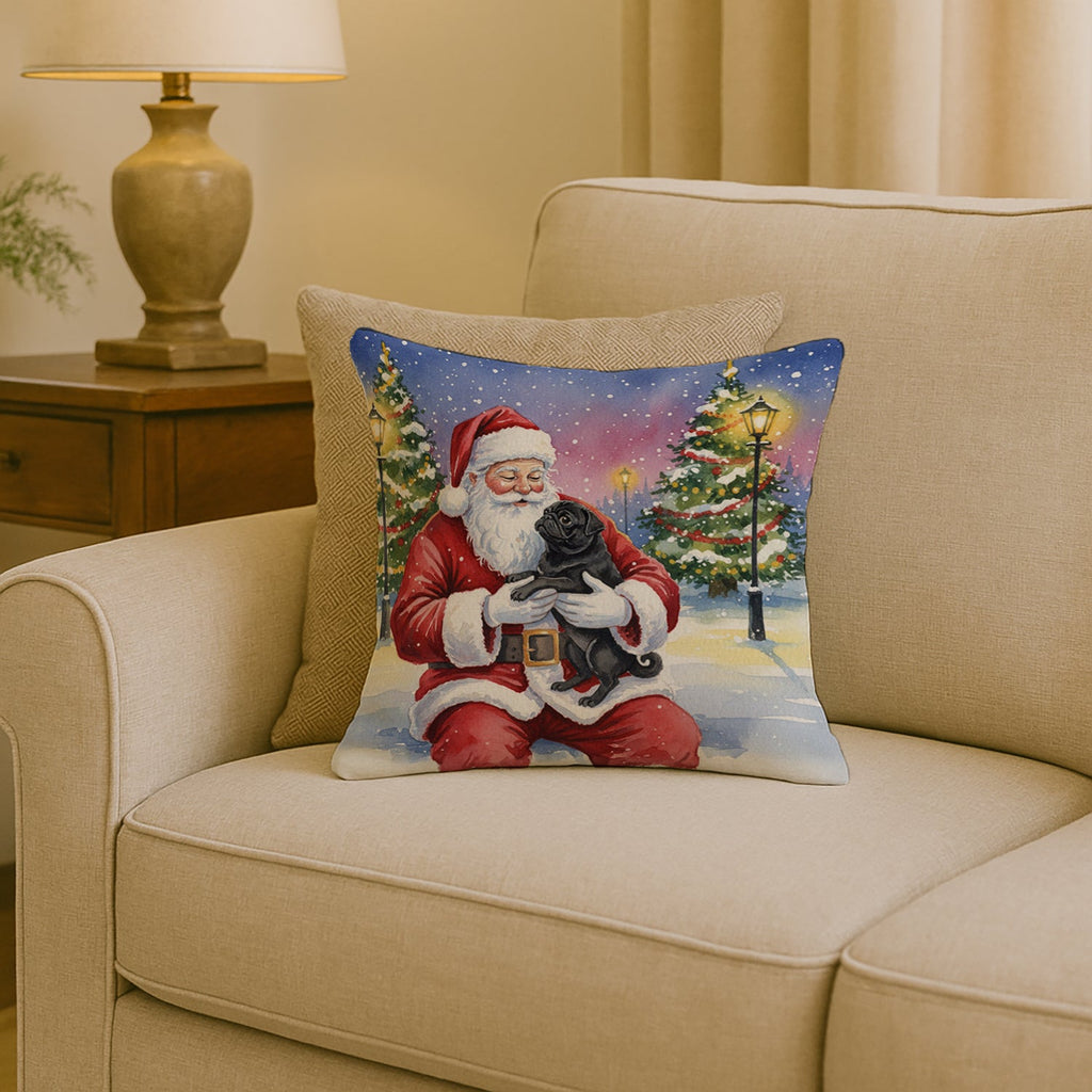 Black Pug with Santa Claus Decorative Throw Pillow 18x18 Indoor Outdoor Accent Cushion, Fabric Cover with Insert for Sofa, Bed, Porch & Living Room