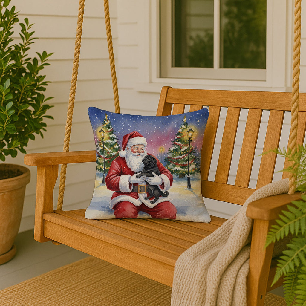 Black Pug with Santa Claus Decorative Throw Pillow 18x18 Indoor Outdoor Accent Cushion, Fabric Cover with Insert for Sofa, Bed, Porch & Living Room