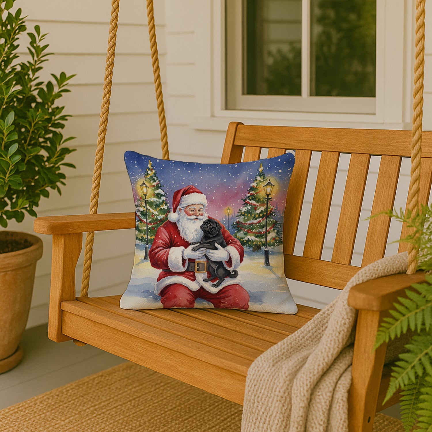 Black Pug with Santa Claus Decorative Throw Pillow 18x18 Indoor Outdoor Accent Cushion, Fabric Cover with Insert for Sofa, Bed, Porch & Living Room