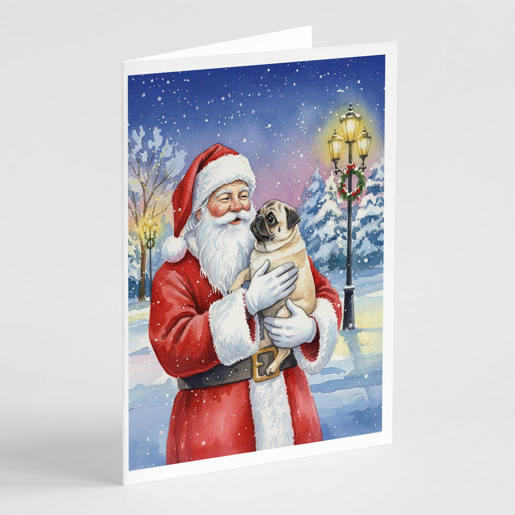 Pug with Santa Claus Greeting Cards Pack of 8 Blank Cards with Envelopes Whimsical A7 Size 5x7