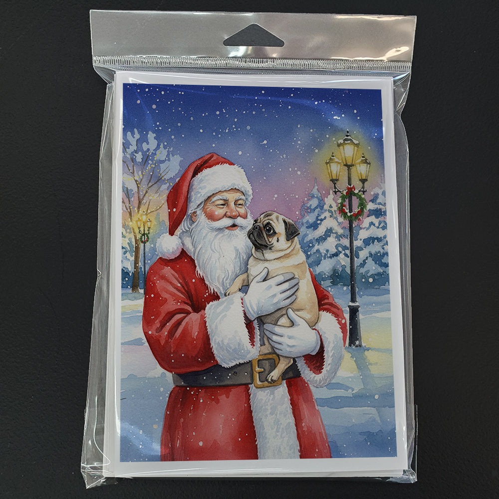 Pug with Santa Claus Greeting Cards Pack of 8 Blank Cards with Envelopes Whimsical A7 Size 5x7