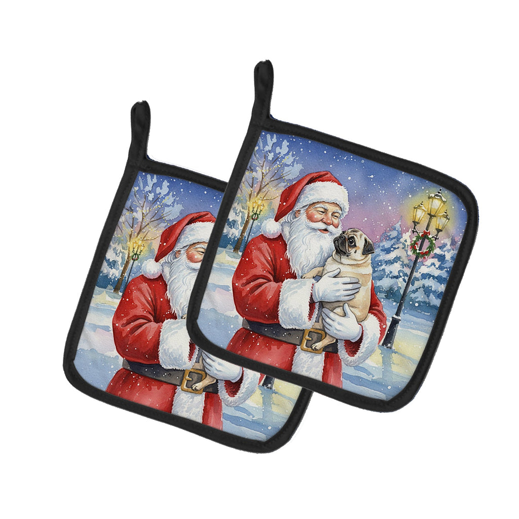 Pug with Santa Claus Pot Holder Set of 2 Heat Resistant Quilted Hot Pads 7.5 x 7.5 Inch, Insulated Kitchen Trivets for Cooking & Baking