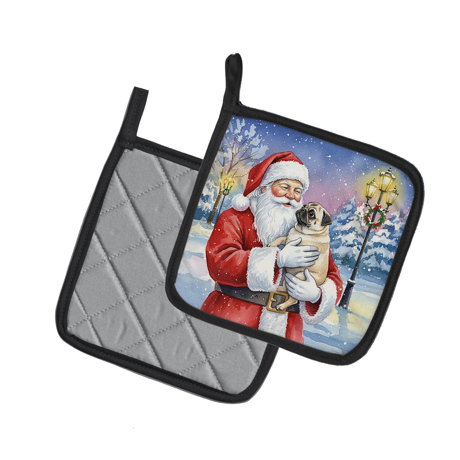 Pug with Santa Claus Pot Holder Set of 2 Heat Resistant Quilted Hot Pads 7.5 x 7.5 Inch, Insulated Kitchen Trivets for Cooking & Baking
