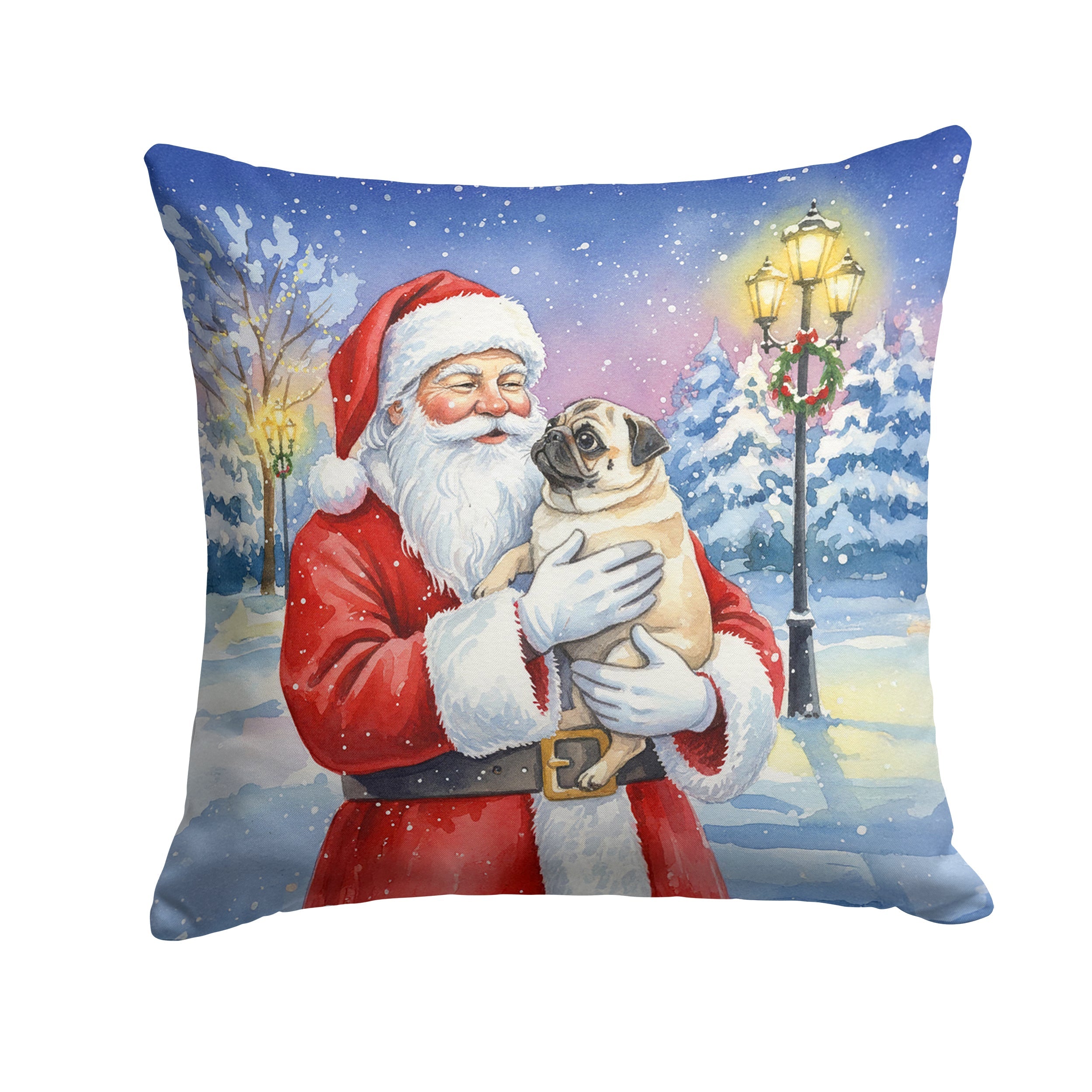 Pug with Santa Claus Decorative Throw Pillow 14x14 Indoor Outdoor Accent Cushion, Fabric Cover with Insert for Sofa, Bed, Porch & Living Room