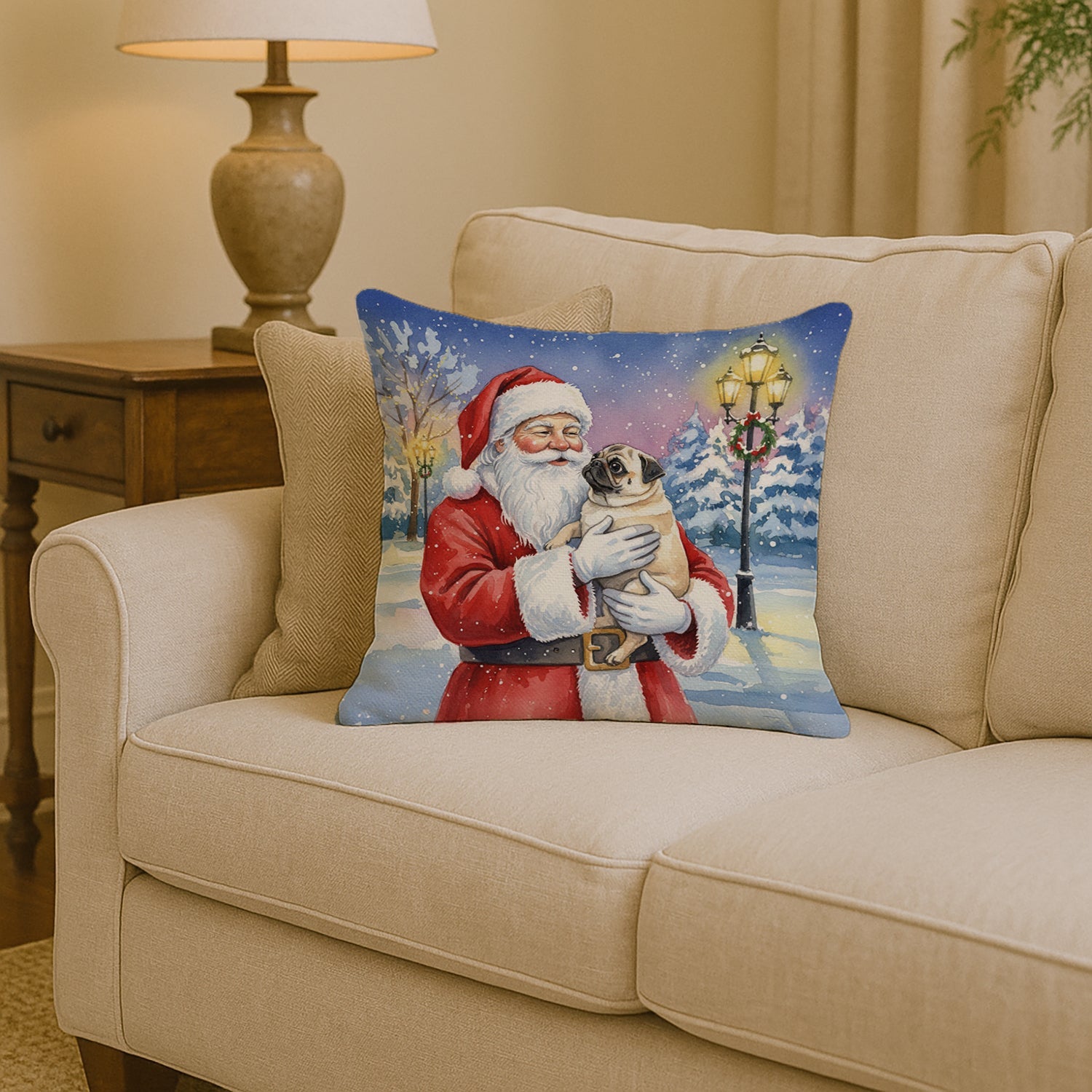 Pug with Santa Claus Decorative Throw Pillow 14x14 Indoor Outdoor Accent Cushion, Fabric Cover with Insert for Sofa, Bed, Porch & Living Room
