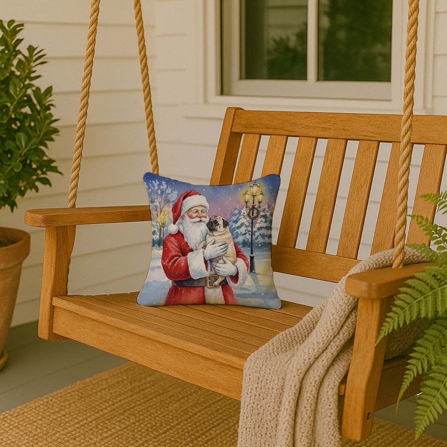 Pug with Santa Claus Decorative Throw Pillow 14x14 Indoor Outdoor Accent Cushion, Fabric Cover with Insert for Sofa, Bed, Porch & Living Room