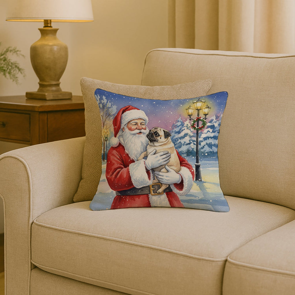 Pug with Santa Claus Decorative Throw Pillow 18x18 Indoor Outdoor Accent Cushion, Fabric Cover with Insert for Sofa, Bed, Porch & Living Room