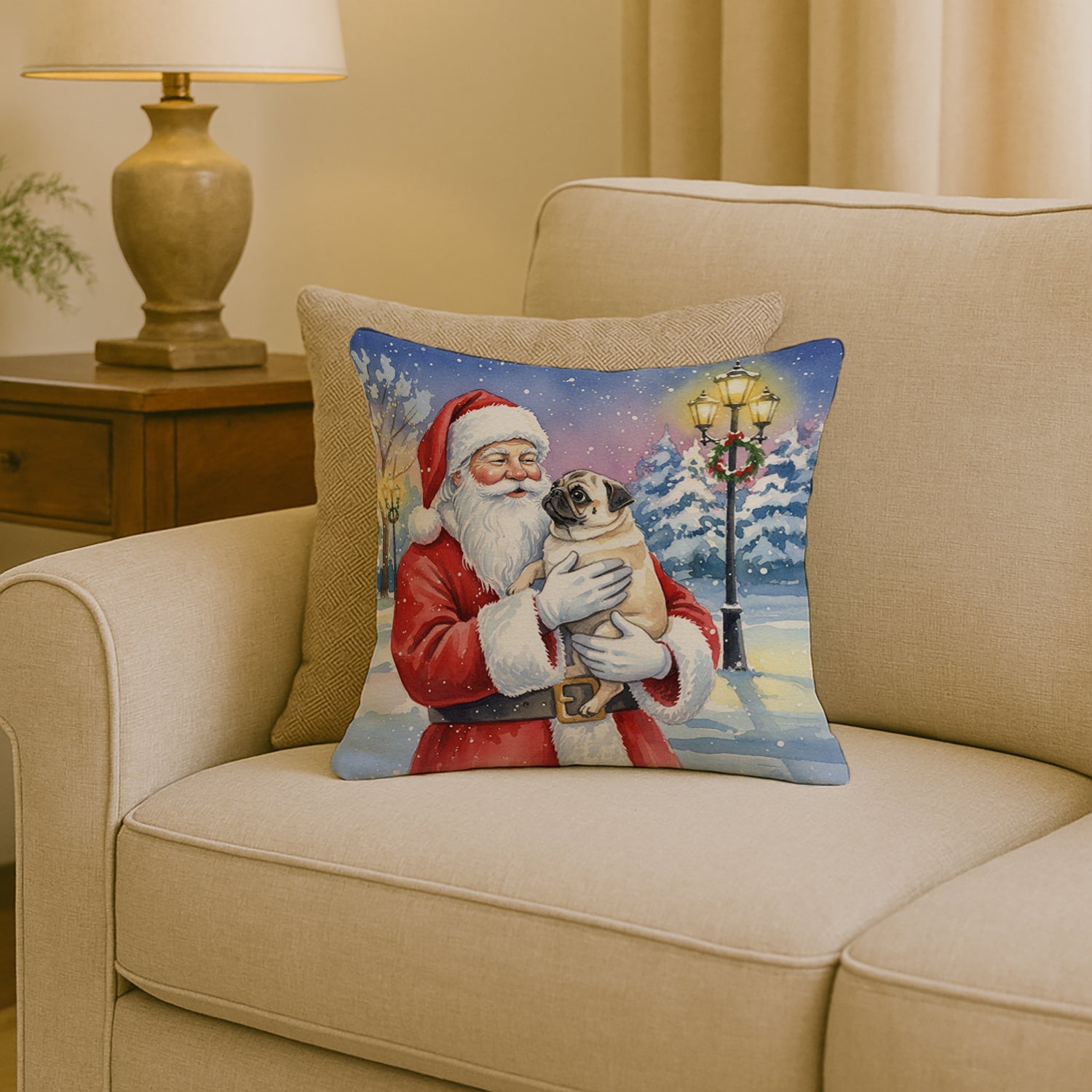 Pug with Santa Claus Decorative Throw Pillow 18x18 Indoor Outdoor Accent Cushion, Fabric Cover with Insert for Sofa, Bed, Porch & Living Room