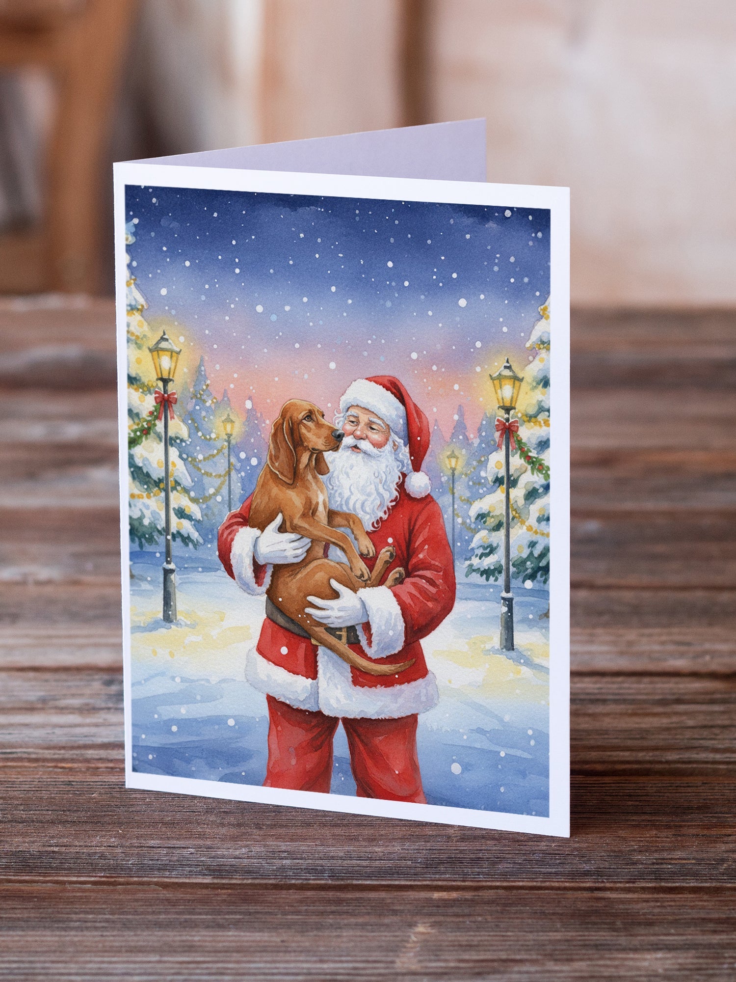 Redbone Coonhound with Santa Claus Greeting Cards Pack of 8 Blank Cards with Envelopes Whimsical A7 Size 5x7