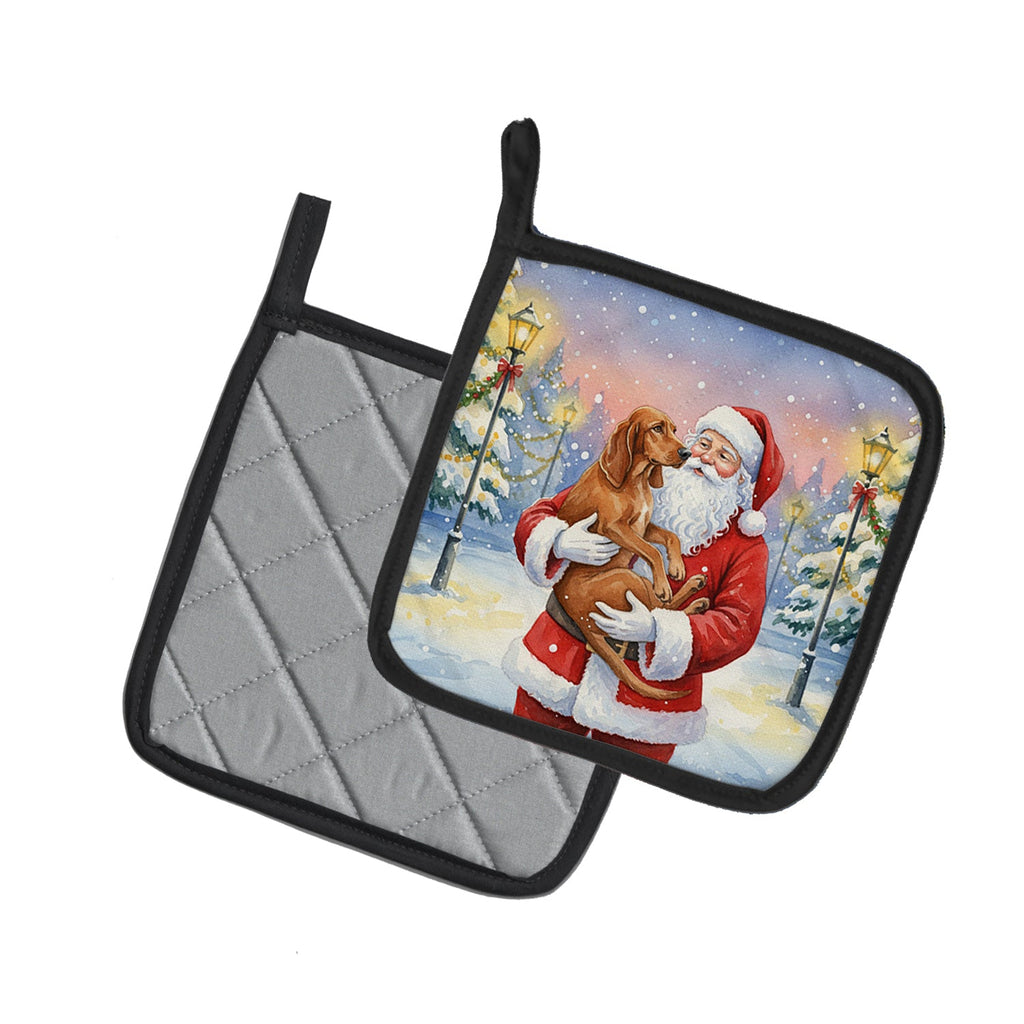 Redbone Coonhound with Santa Claus Pot Holder Set of 2 Heat Resistant Quilted Hot Pads 7.5 x 7.5 Inch, Insulated Kitchen Trivets for Cooking & Baking