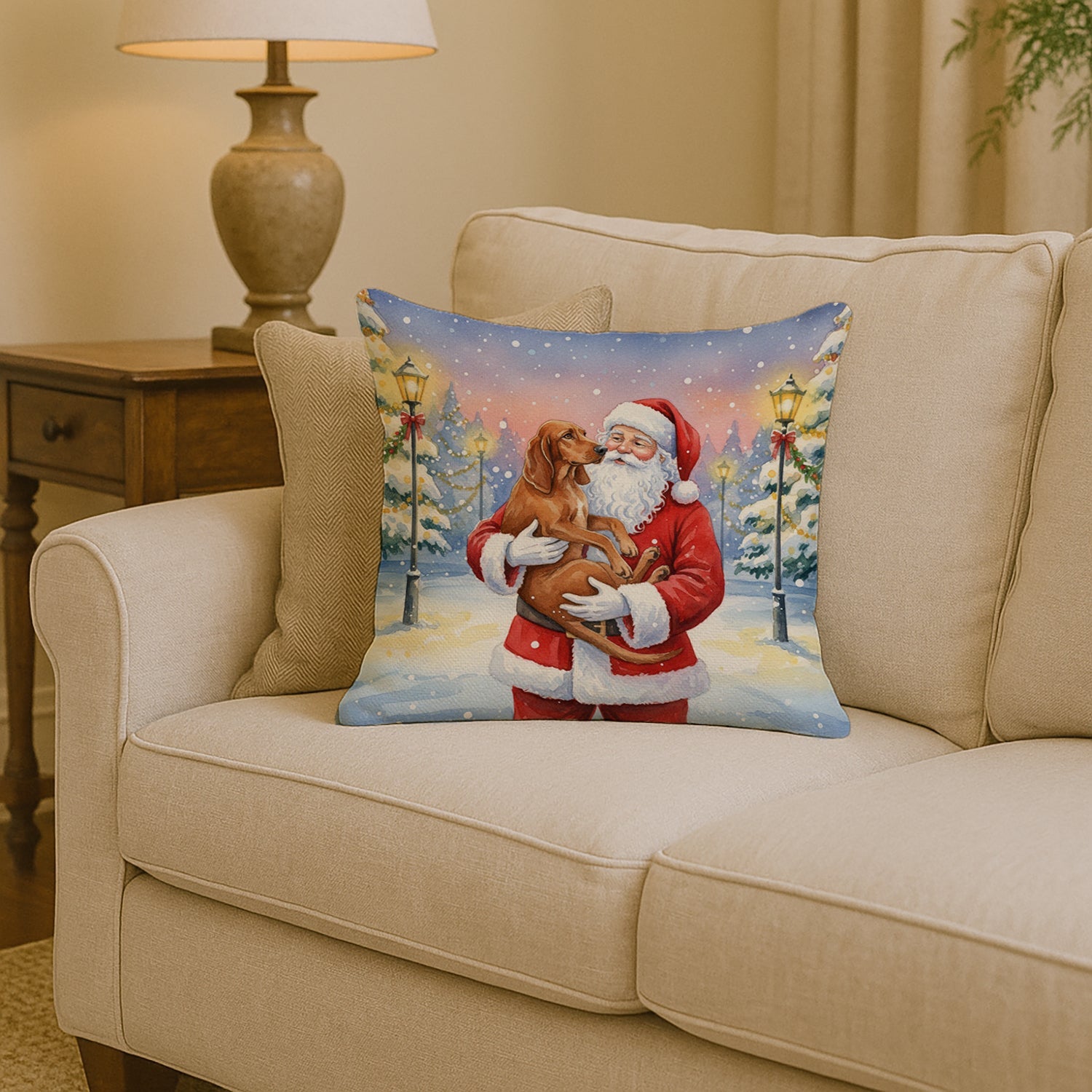 Redbone Coonhound with Santa Claus Decorative Throw Pillow 14x14 Indoor Outdoor Accent Cushion, Fabric Cover with Insert for Sofa, Bed, Porch & Living Room